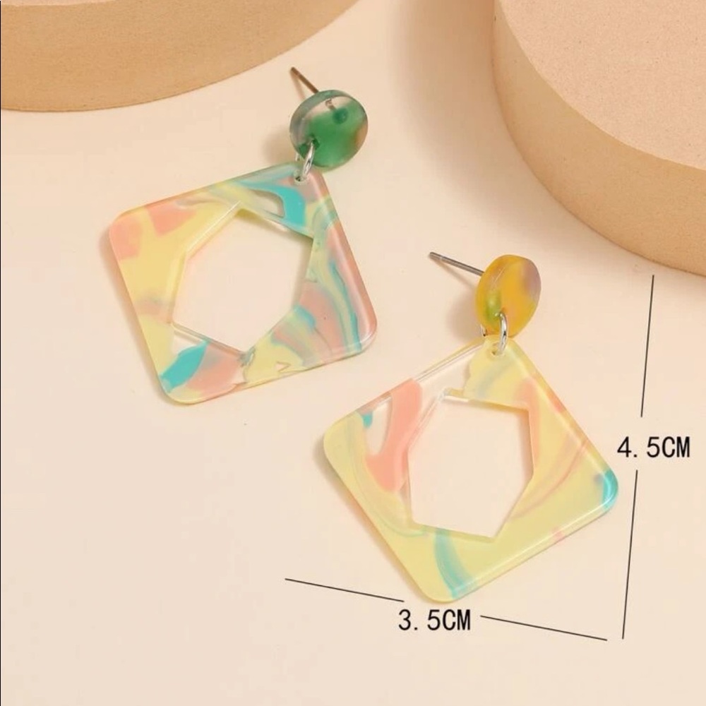 B2G1☮️Boho Retro Rhombus Acrylic Geometric Multi Color Statement Drop Earrings - Picture 5 of 11